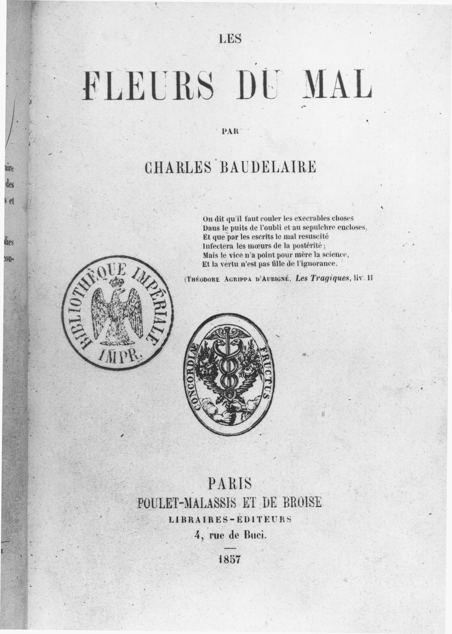 Forside av den første utgaven av Les Fleurs du mal av Charles Baudelaire (1821-67) utgitt av Poulet-Malassis et de Broise, 1857 av French School