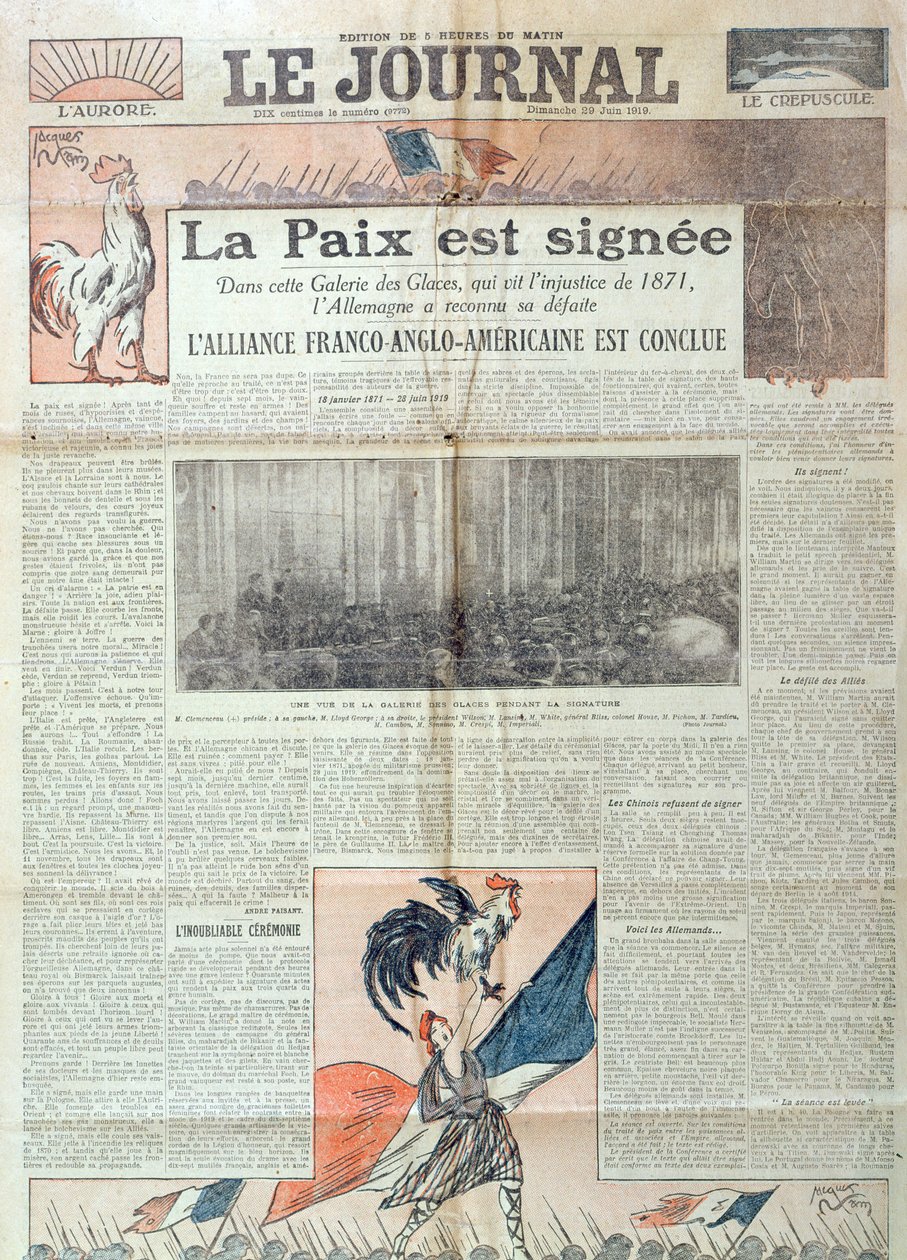 Forsiden av Le Journal feirer signeringen av Versailles-traktaten 28. juni 1919, 29. juni 1919 av French School