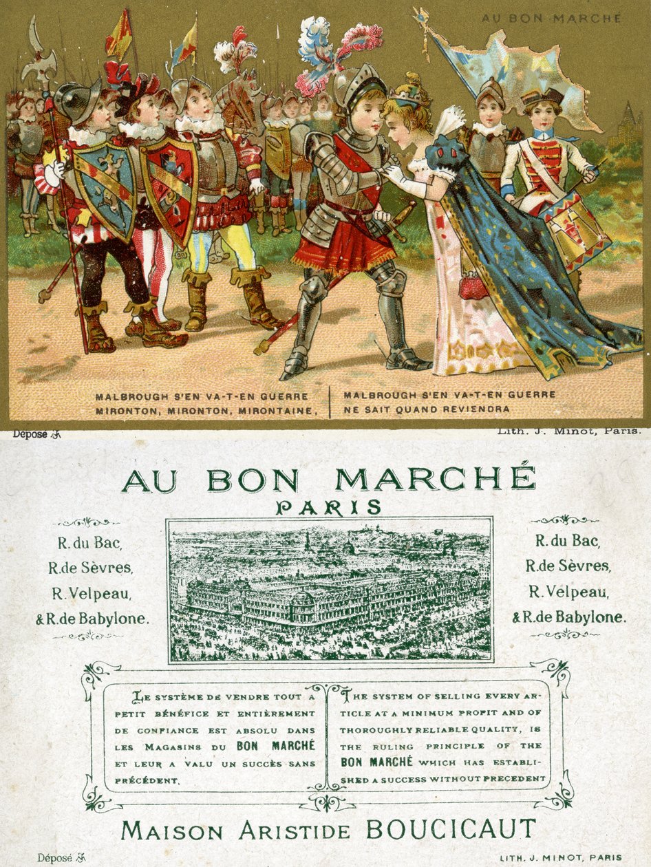 Forsiden og baksiden av et reklamekort for det parisiske varehuset Au Bon Marché, som viser en av de mest populære folkesangene på det franske språket, Marlbrough sen va-t-en guerre (Marlborough av French School