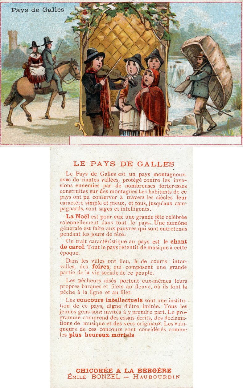 Foran og baksiden av et reklamekort for drinken Chicorée à la Bergère med skildringer av livet i Wales, ca. 1890 (se også 488433) av French School