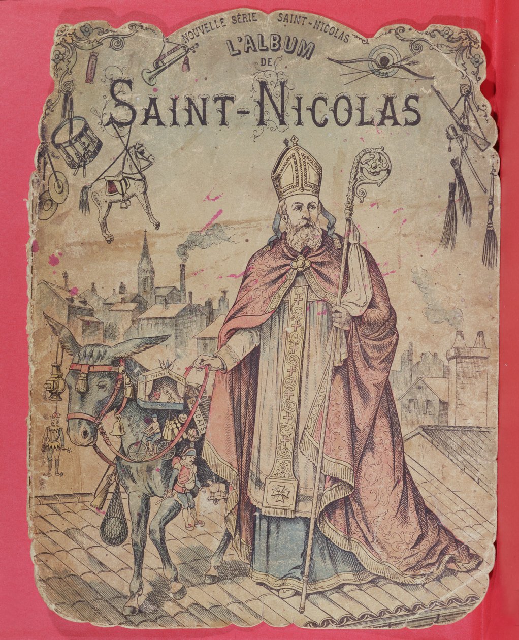 Forside på et bildealbum som viser St. Nicholas som bringer gaver til barna, sent på 1800-tallet (fargegravering) av French School