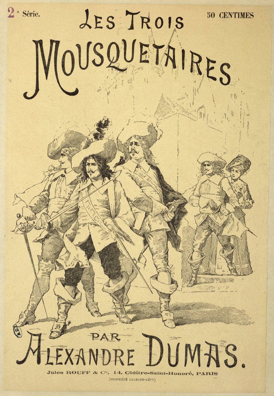 Forside av en serialisering av The Three Musketeers av Alexandre Dumas pere (1803-70) sent på 1800-tallet av French School