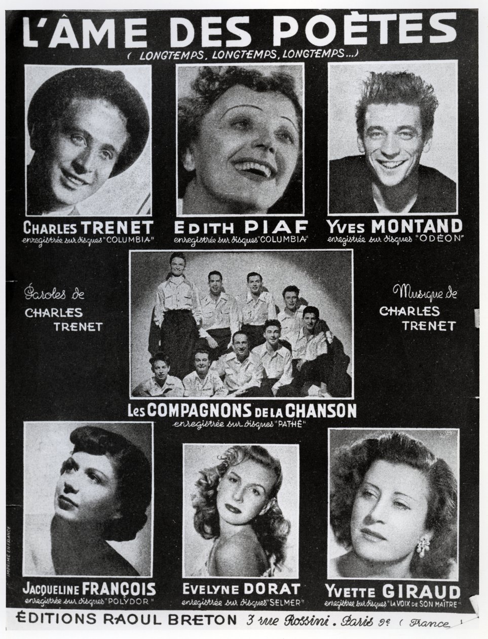 Forside på partituret til sangen LAme des Poetes med ord og musikk av Charles Trenet, utgitt i Paris av Editions Raoul Breton av French School