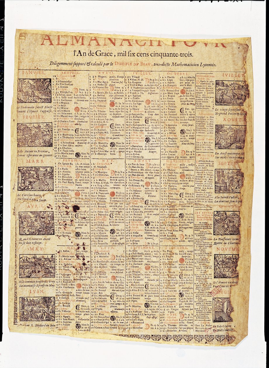 Forsiden av en almanach for 1653 (blekk på papir) av French School