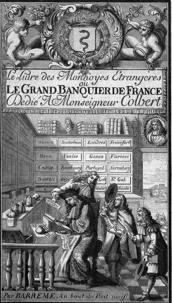 Frontispice av "Boken om utenlandske valutaer eller den store bankmannen i Frankrike" (1687) av Francois Barreme (1638-1703), fransk matematiker. Den penneskrivende karakteren er trolig et portrett av forfatteren. Gravering i "" The Picturesque Store"" av French School