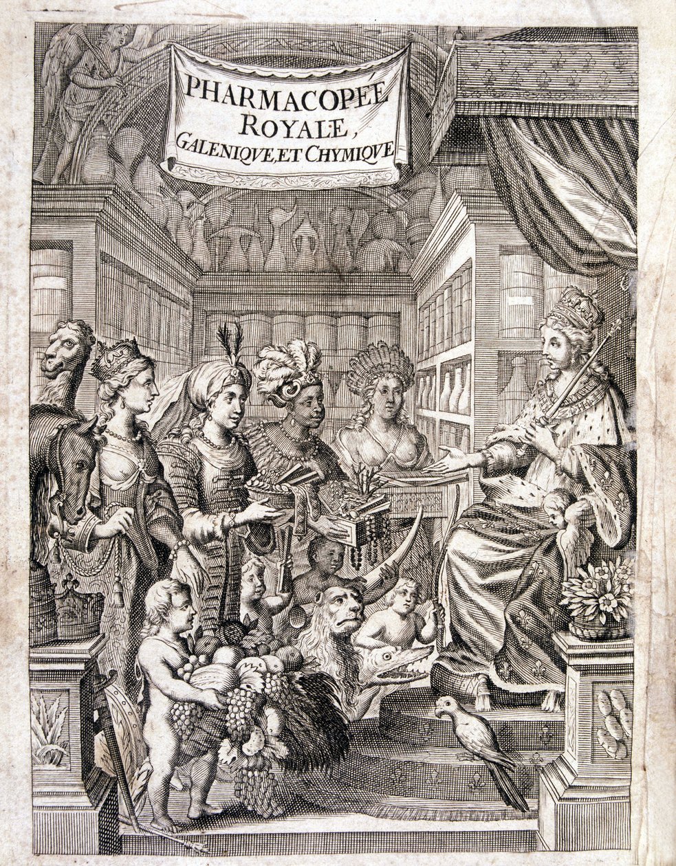 Frontispice av "" Pharmacopoeia royal, galenic and chymic"" av Morse Charas, apotek ved Royal Garden of Plants i Laurent d'Houry, Paris. 1 versjon 1691 og 1 versjon 1753 av French School