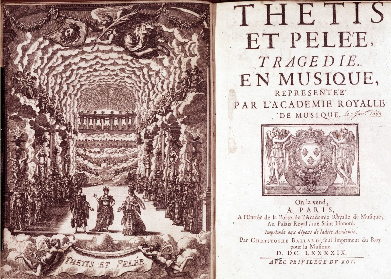 Frontispice av "" Thetis og Pelee tragedie i musikk representert av Royal Music Academy"" av French School