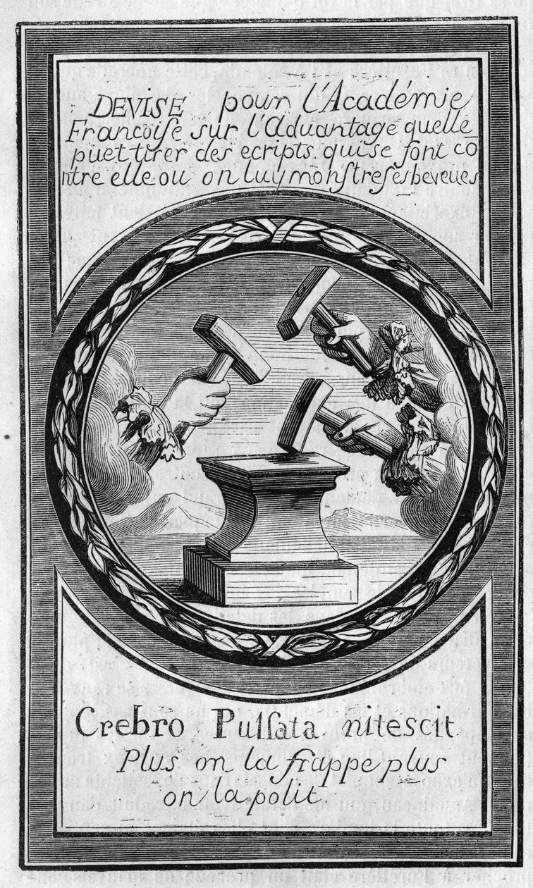 Frontispice of the "Factums" mot det franske akademiet av Antoine Furetiere (1619-1688). Gravering fra 1860. av French School