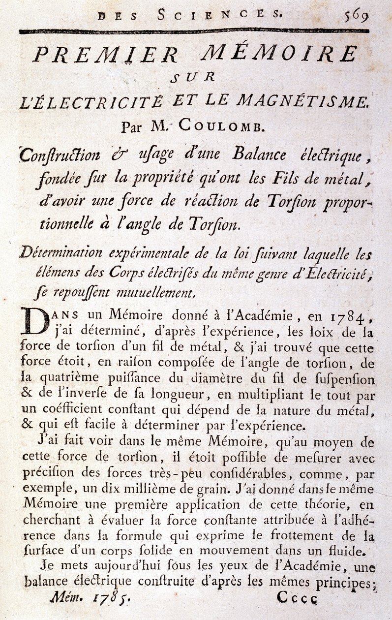 Frontispice av boken "" Første memoar om elektrisitet og magnetisme"" av Coulomb av French School