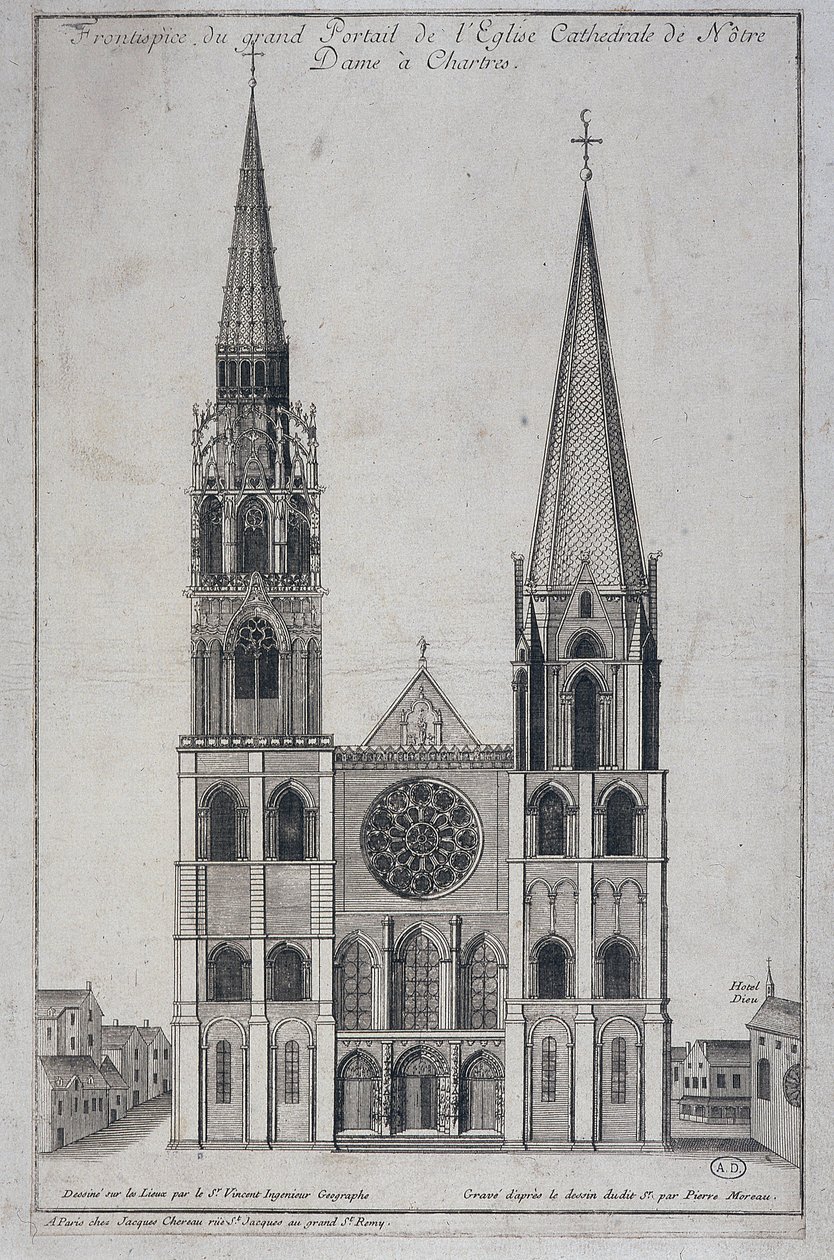 Frontispice av den store portalen til Church Cathedrale de Notre Dame à Chartres, designet på stedet av Saint Vincent Geographer Engineer, sd. 1800-tallet av French School