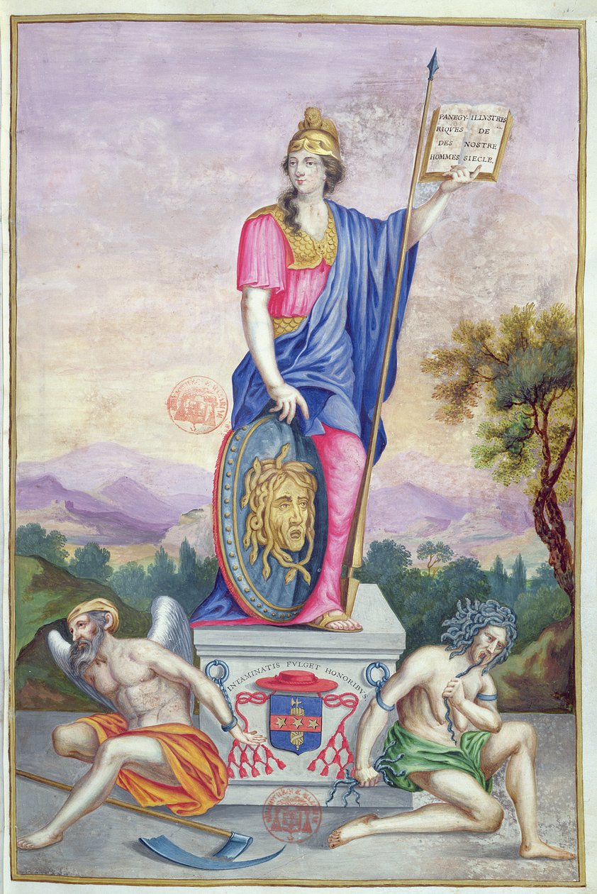 Frontispice allegorisk illustrasjon av gudinnen Minerva fra Les Panegyriques des Hommes Illustres de Notre Siecle av Puget de la Serre, 1655 av French School