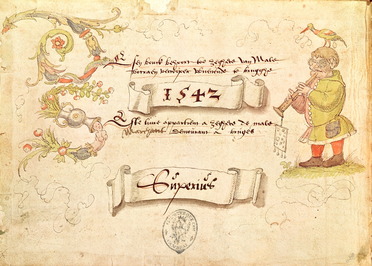 Frontispice fra Recueil de chants religieux et profanes IX som viser en bebrillet mann som spiller et blåseinstrument med en fugl på hodet, 1542 av French School