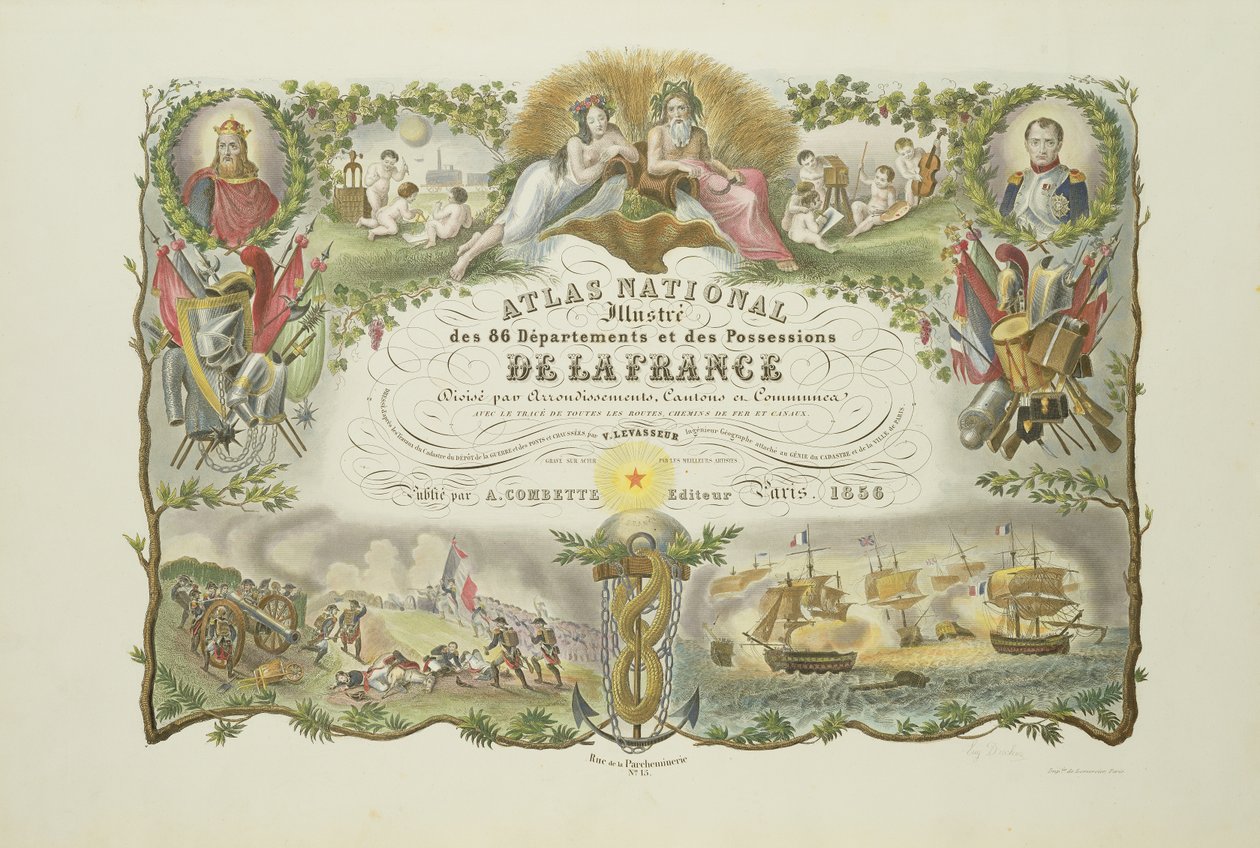 Frontispice av Atlas Nacional Illustre des 86 Departments et des Possessions de la France, av Victor Levasseur 1856 (håndfarget gravering) av French School