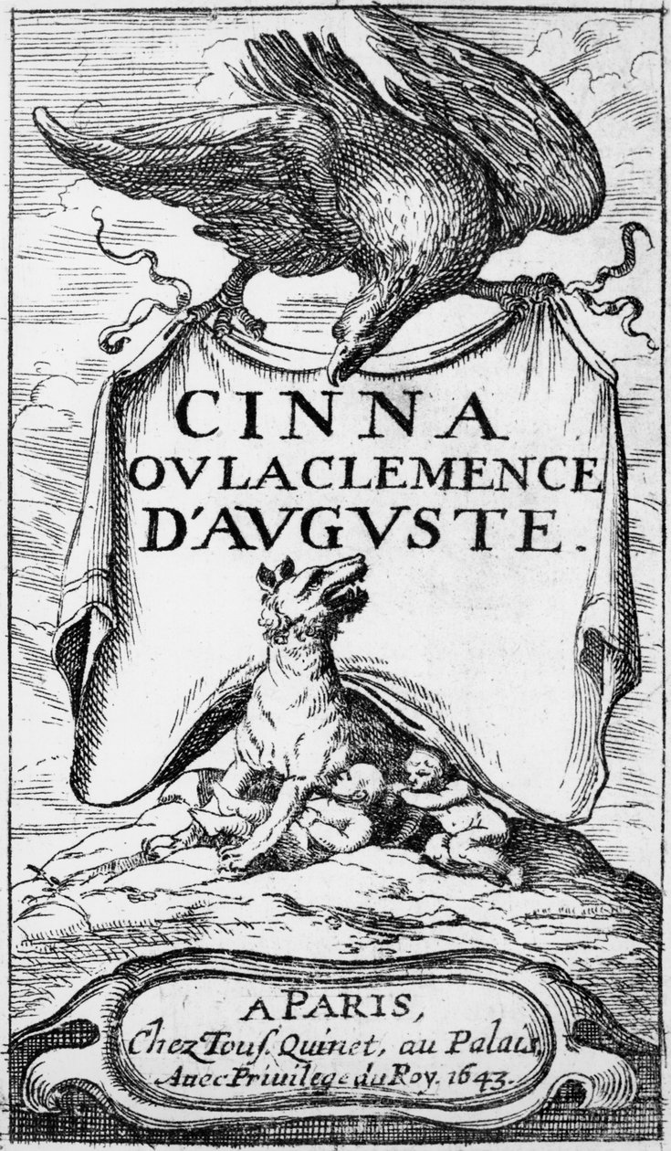 Frontispice av Cinna ou la Clemence dAuguste av Pierre Corneille (1606-84) utgitt i 1643 av French School