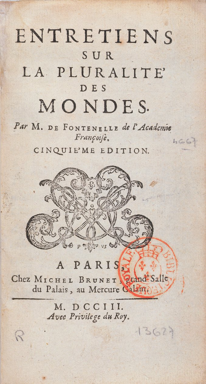 Frontispice of Interviews on the Pluralite of Worlds, skrevet av Bernard Le Bovier de Fontenelle (1657-1757), utgitt i 1773 av French School