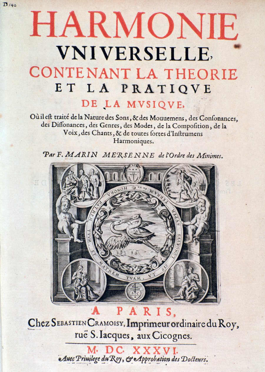 Frontispice av Harmonie universelle som inneholder teori og praksis for musikk av Marin Mersenne (Marin Mersennus eller le Pere Mersenne) (1588-1648), 1637. av French School