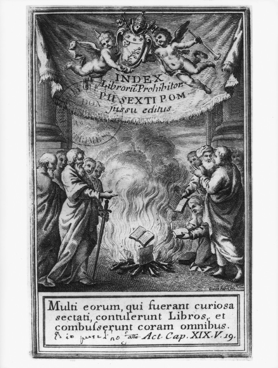 Frontispice of Index of Books som viser en auto da fe, 1786 av French School