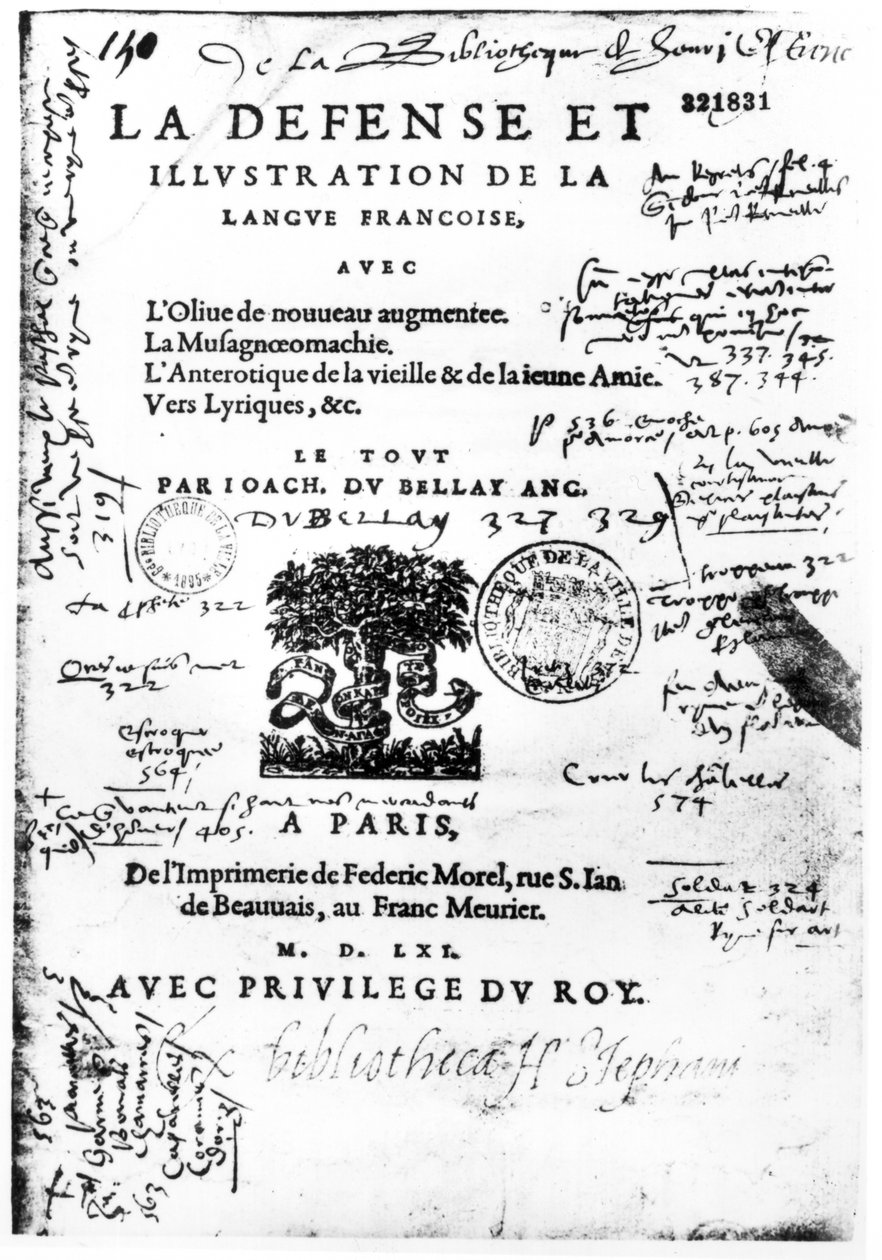 Frontispice av La Defense et Illustration de la Langue Francaise av Joachim du Bellay, trykt av Federic Morel i Paris i 1561 (trykt papir med penn og blekk) av French School