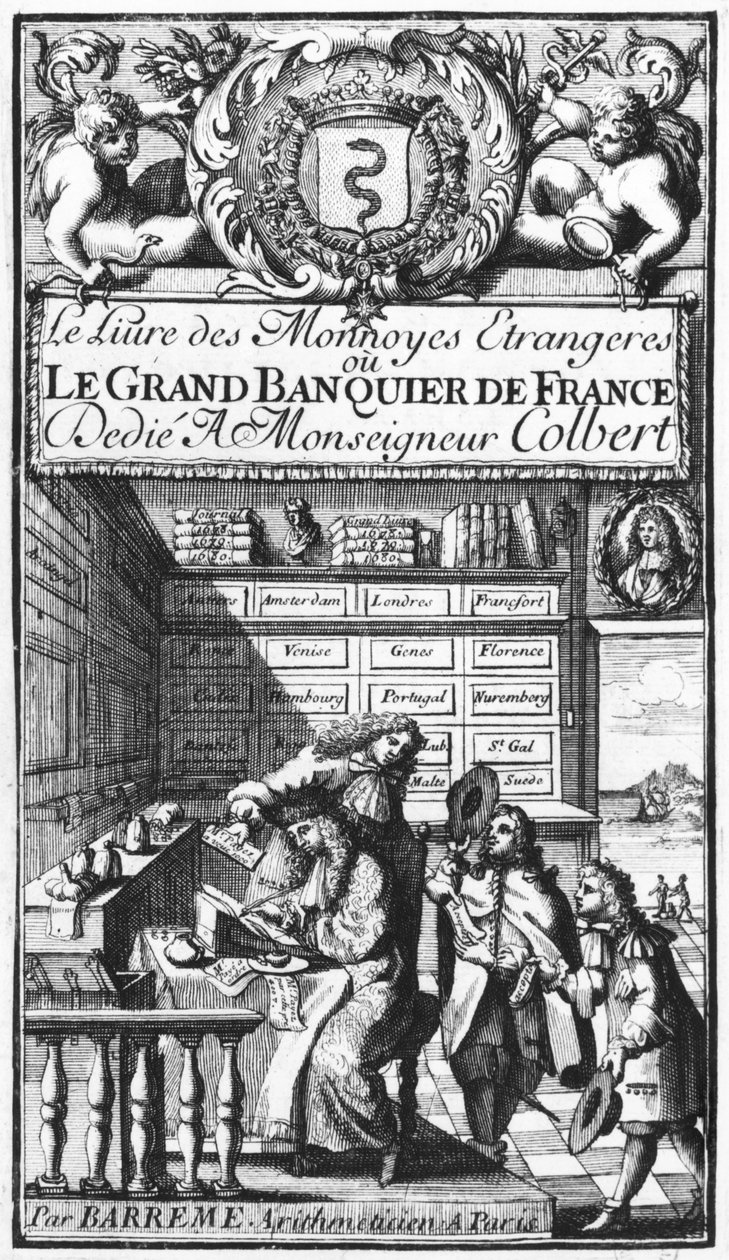 Frontispice av Le Grand Banquier de France ou Le Livre des Monnaies Etrangeres av Bertrand Francois Barreme (1640-1703) sent på 1600-tallet av French School