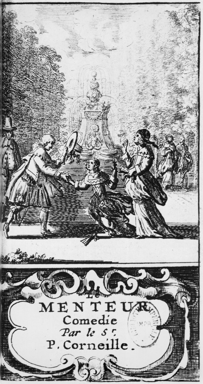 Frontispice of The Liar av Pierre Corneille (1606-84) utgitt i 1664, Amsterdam av French School