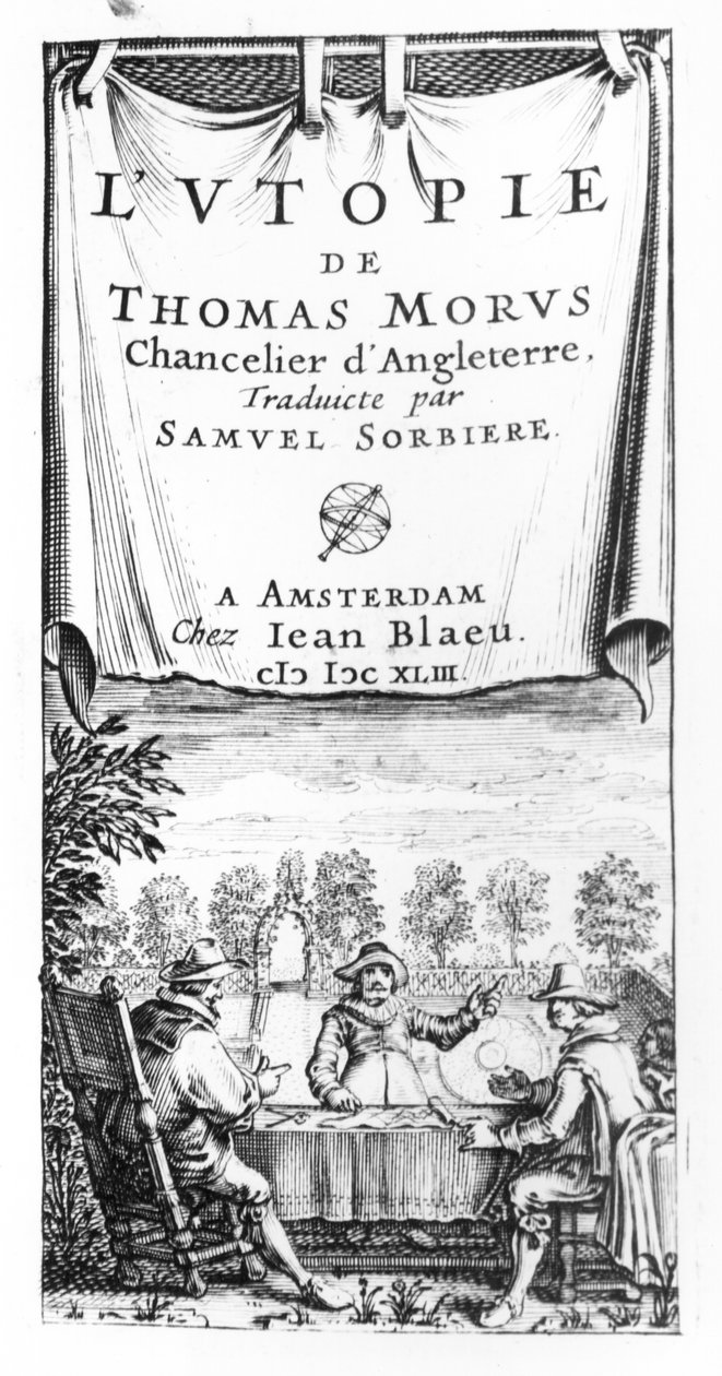 Frontispice av The Utopia of Thomas More (1478-1535), Englands kansler, oversatt av Samuel Sorbiere, pub. av Jan Blaeu (d.1673) i Amsterdam, 1643 av French School