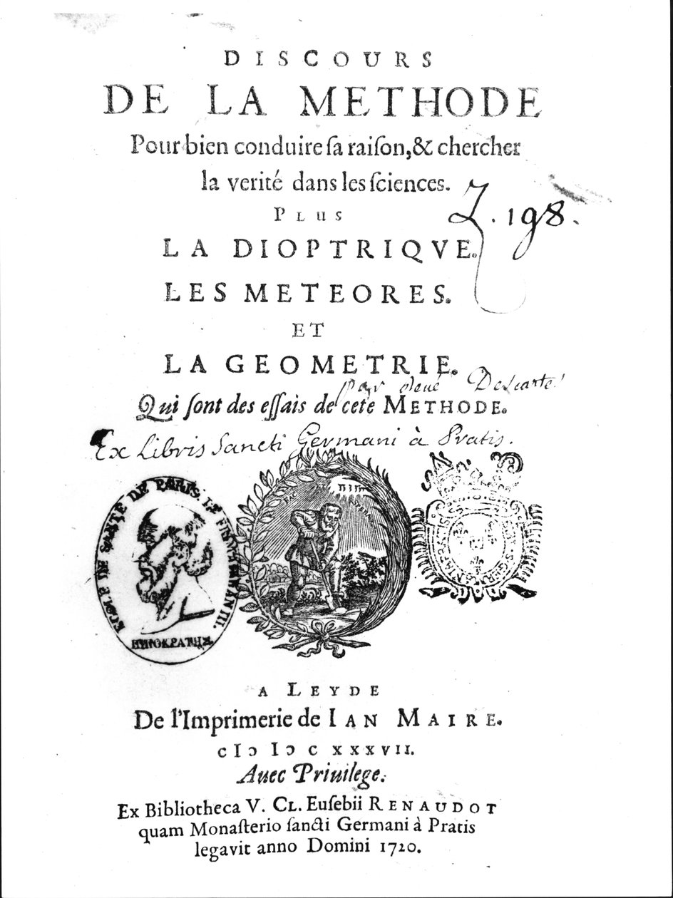 Frontispice av Discours de la Methode etterfulgt av La Dioptrique, Les Meteores et La Geometrie av Rene Descartes (1596-1650), først utgitt i Leiden i 1637 av French School