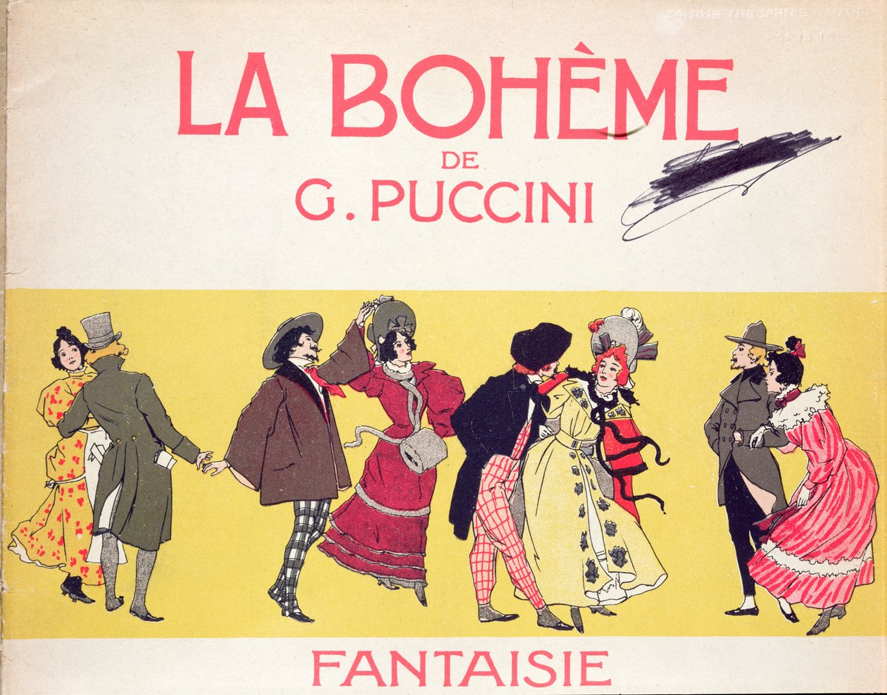 Frontispice på partiturarket for La Boheme av Puccini, tidlig på det tjuende århundre av French School