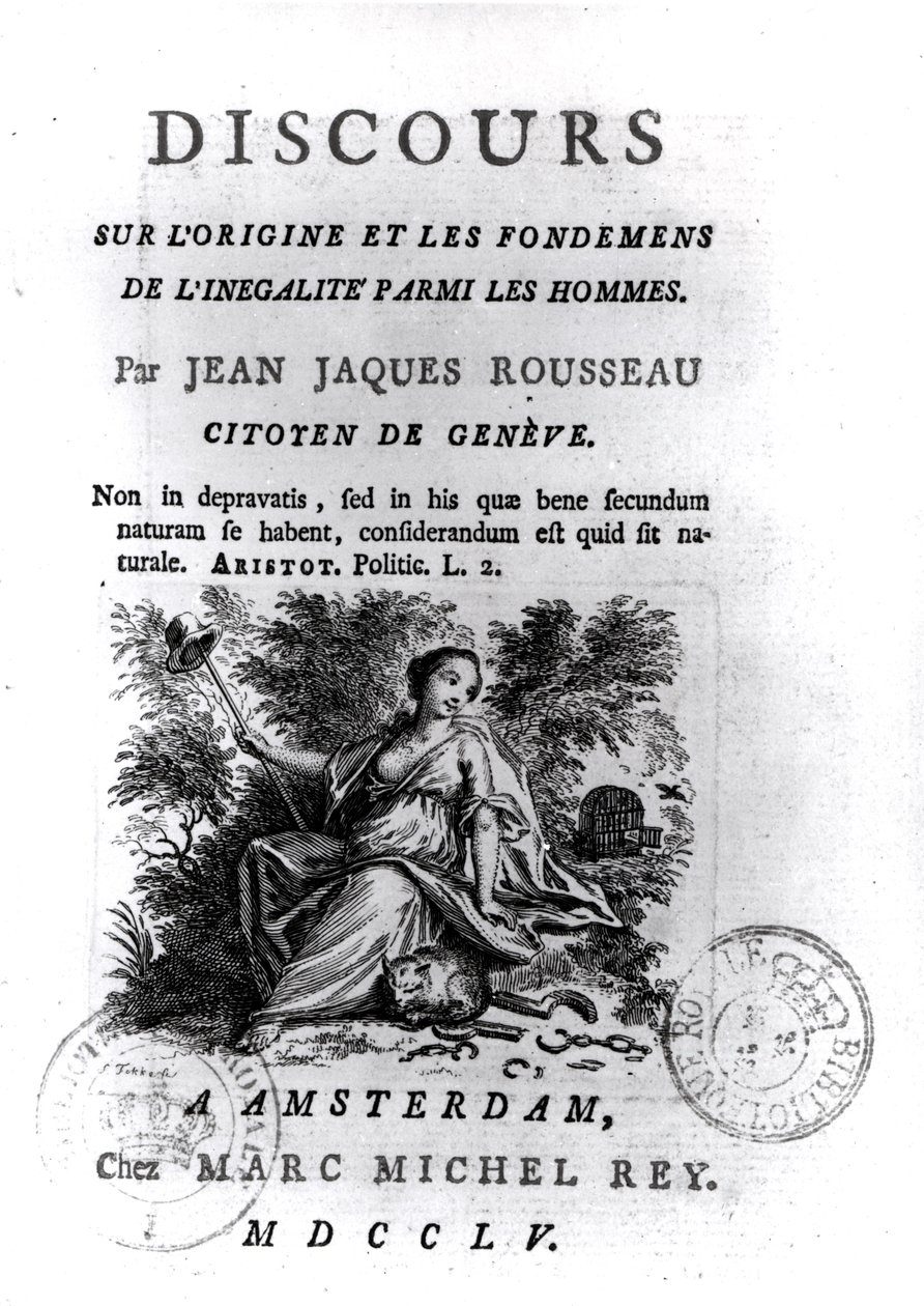 Frontispice til diskurs om opprinnelsen og grunnlaget for ulikhet blant menn av Jean-Jacques Rousseau (1712-78) ca. 1755 av French School