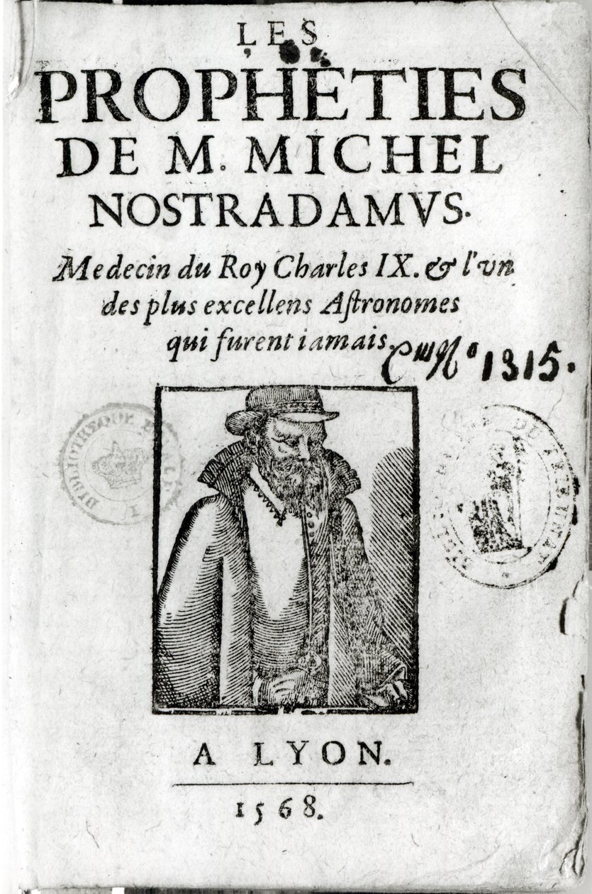 Frontispice til Les Propheties de M. Michel de Nostradamus (1503-66), med et portrett av Nostradamus, utgitt i Lyon 1568 av French School