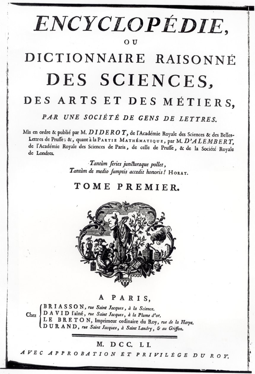 Frontispice til The Encyclopedia of Science, Art and Engineering av Denis Diderot (1713-84) utgitt i Paris, 1751 av French School