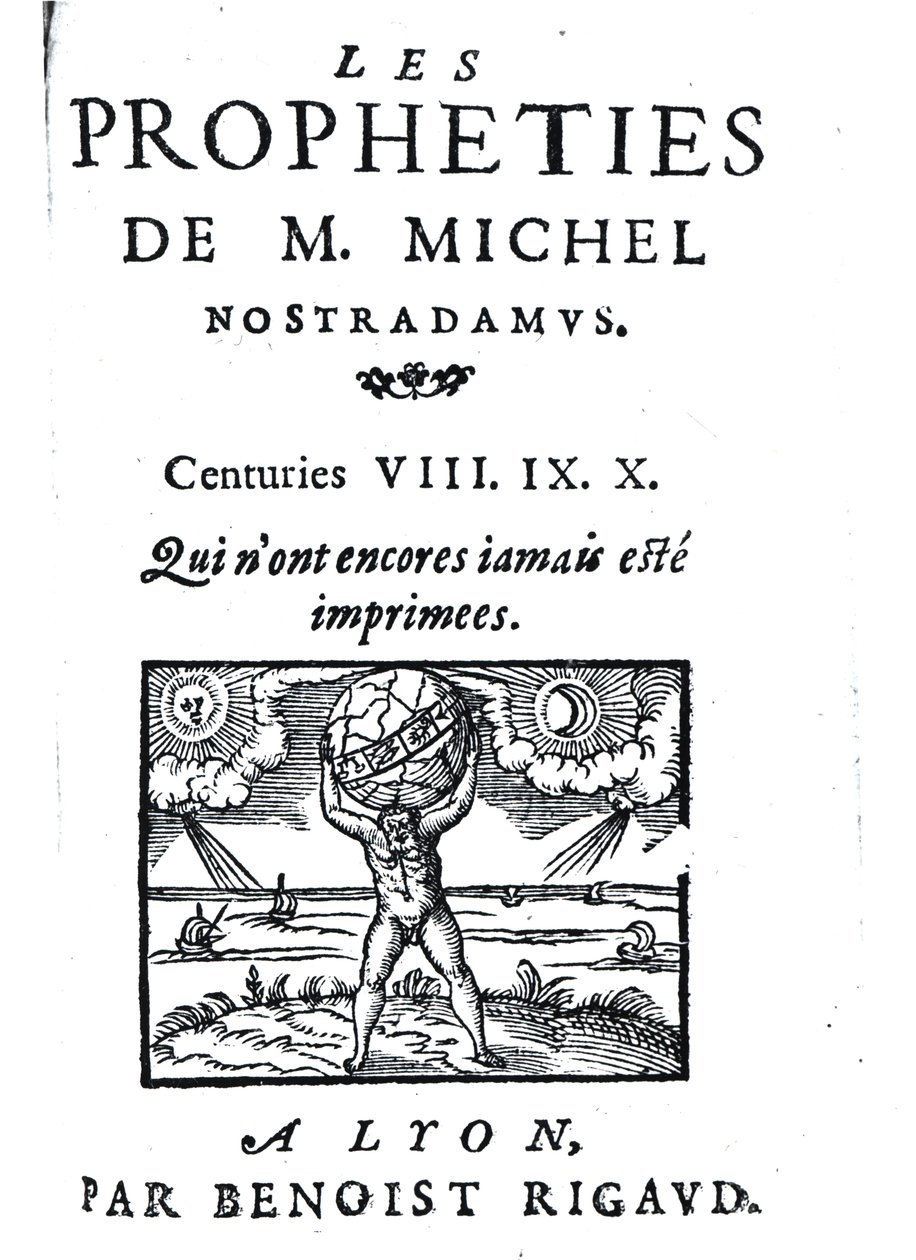 Frontispice til The Prophecies of M. Michel Nostradamus, pub. av Benoist Rigaud, 1568 av French School