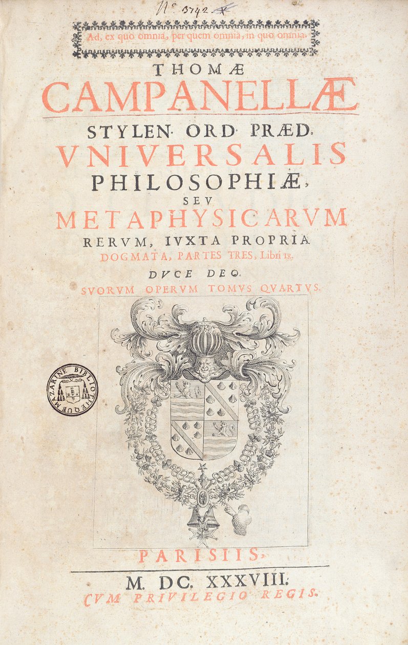 Frontispice to Universal Philosophy av Tommaso Campanella, utgitt i Paris, 1638 av French School
