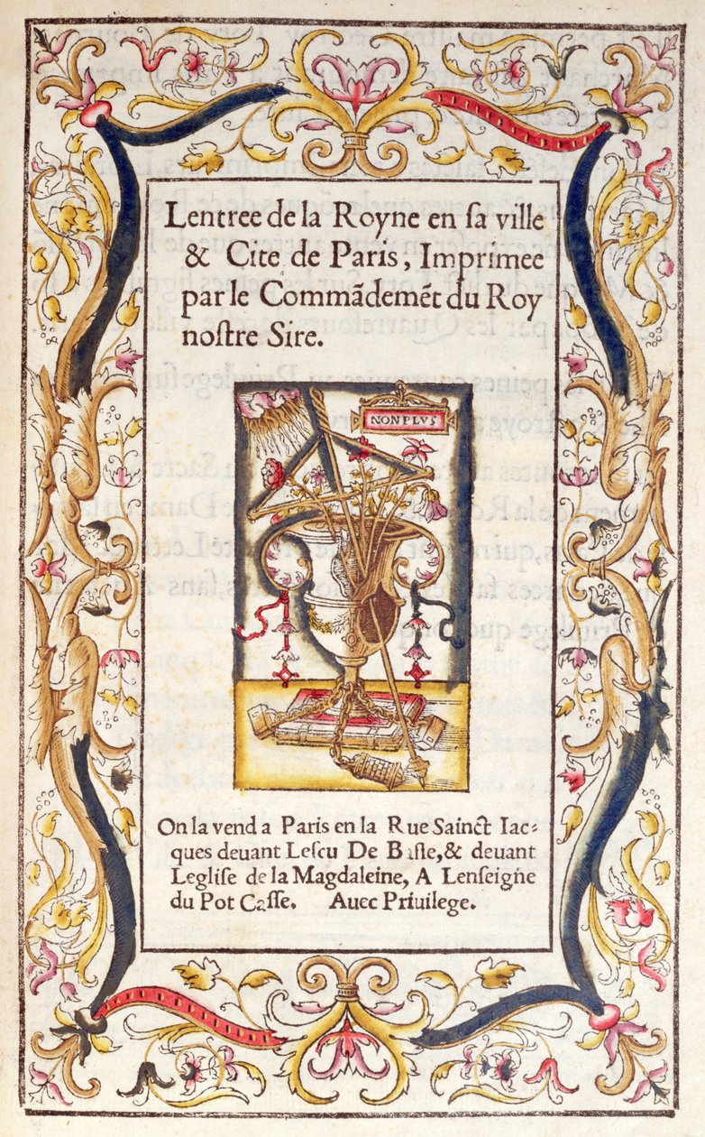 Frontispice til en bok om Marguerite de Navarres (1492-1549) inntog i Paris i 1531 av French School