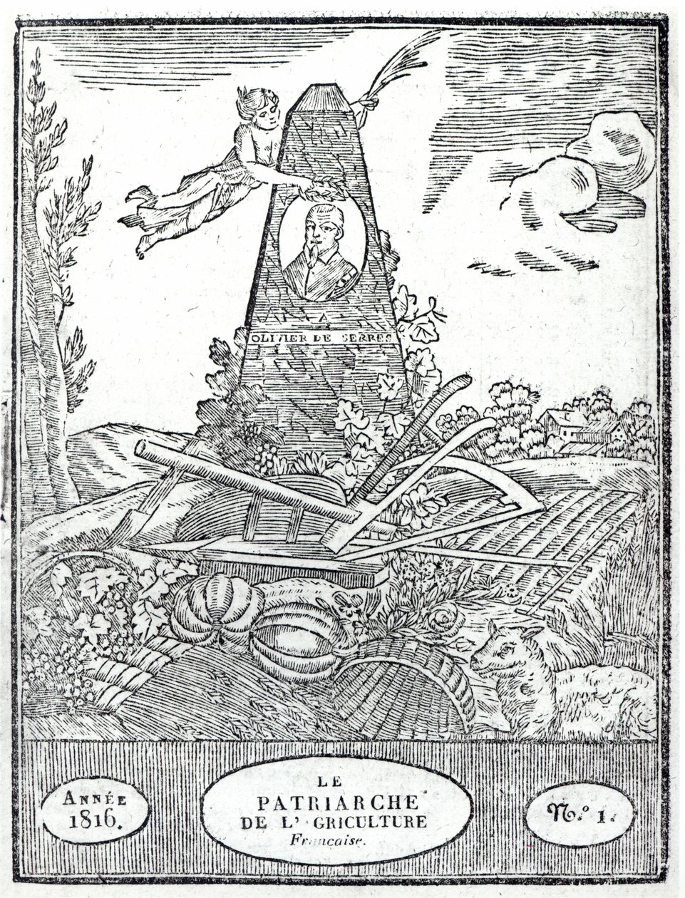 Frontispice til en landbruksalmanach med et portrett av Olivier de Serres (1539-1619) 1816 av French School