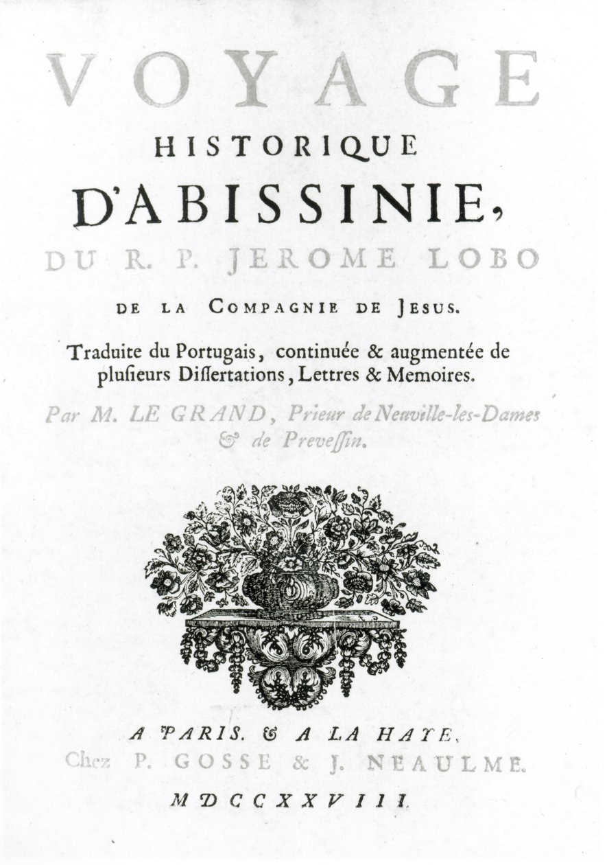 Frontispice til den franske oversettelsen av Voyage to Abyssinia av Jeronimo Lobo (ca. 1596-1678) utgitt 1728 av French School