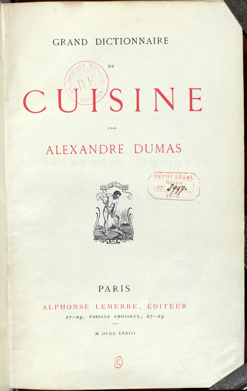 Frontispice til Grand Dictionnaire de Cuisine av Alexandre Dumas pere (1803-70) 1873 av French School