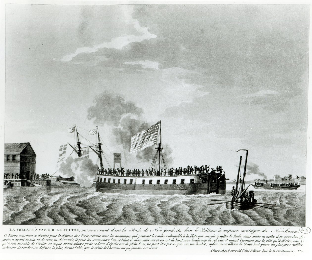 Fultons dampdrevet krigsskip, Fulton the First, designet og bygget av Robert Fulton for forsvaret av New York i krigen i 1812 (bw-foto fra tidlig 1800-talls gravering) av French School