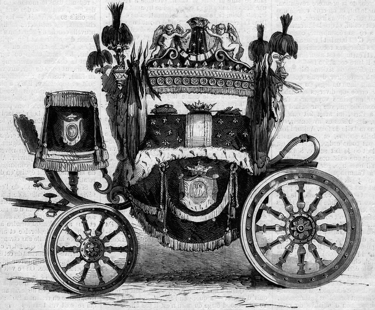 Funebre tank brukt under obseques av Prince Jerome Bonaparte (1784-1860). Gravering i "" Le Monde Illustré"" nr. 169 av 7. juli 1860. av French School