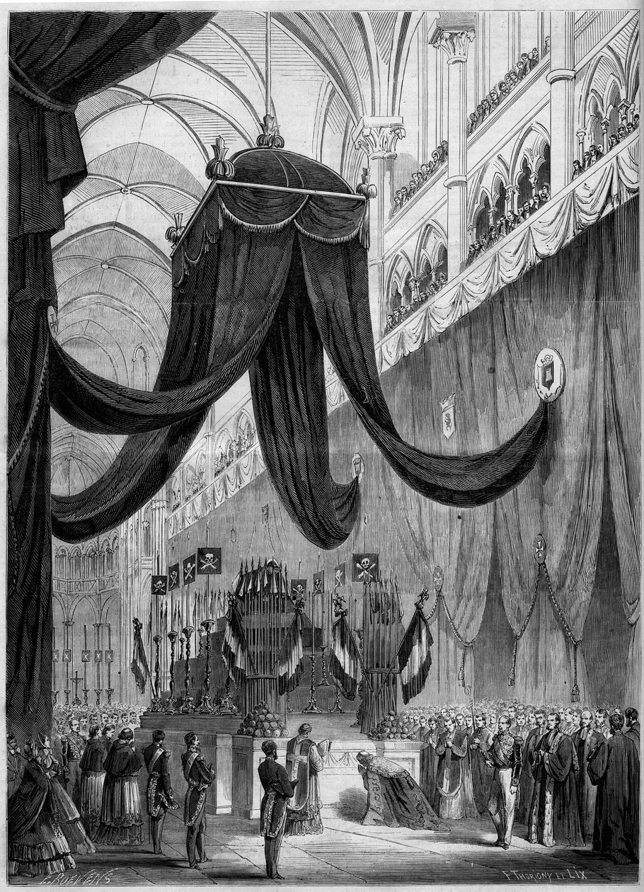 Begravelse til Esprit Victor Elisabeth Boniface de Castellane (1788-1862), fransk marechal: Catafalque av de avdøde under den religiøse seremonien celebree i katedralen i Lyon, Rhone (69) av French School
