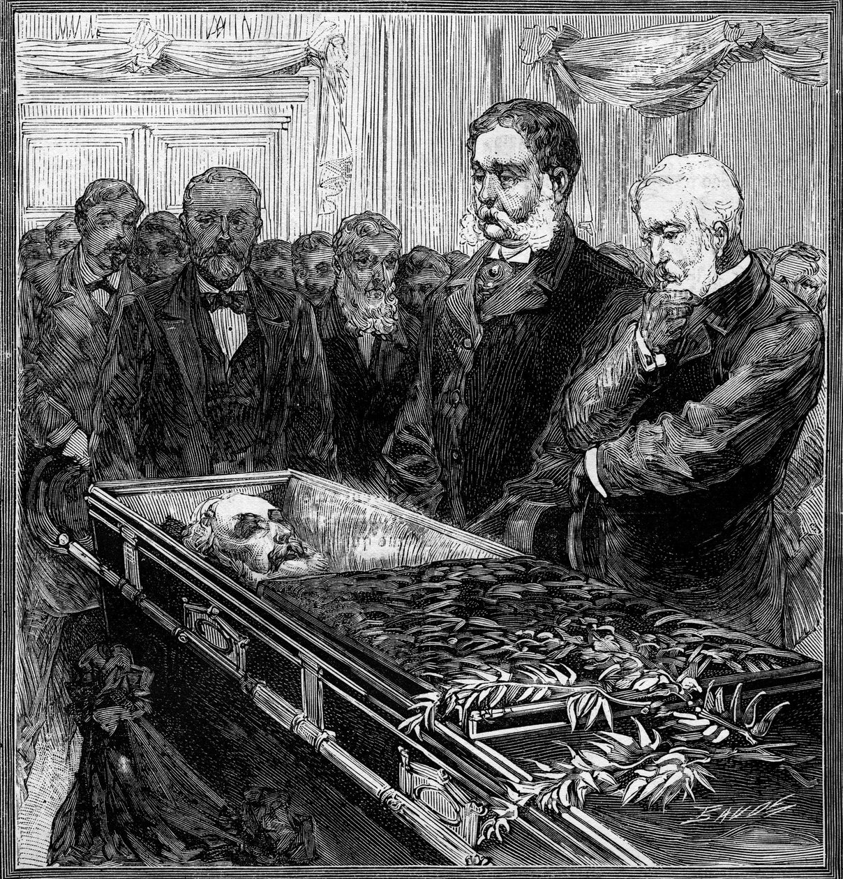 Begravelse til James Abram Garfield (1831-1881), president i USA: hans erstatter, Chester Alan Arthur (1830-1886) og sekretær Blain foran kisten under kuppelen til Washington Capitol. Gravering i "" Le Monde Illustré"" n°1282 av av French School