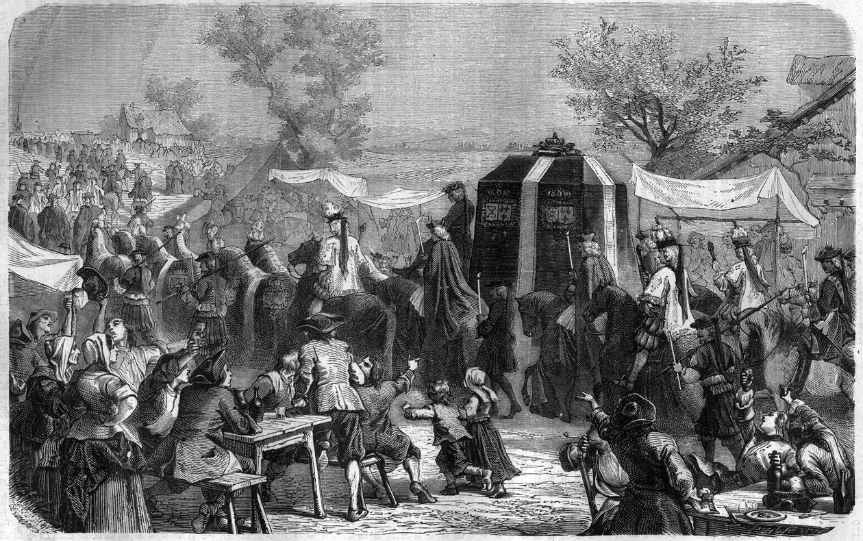 Begravelse av Ludvig XIV i 1715. Gravering i "Historien om pavene-kongene-dronninger og keisere gjennom århundrene"" av Maurice Lachatre av French School