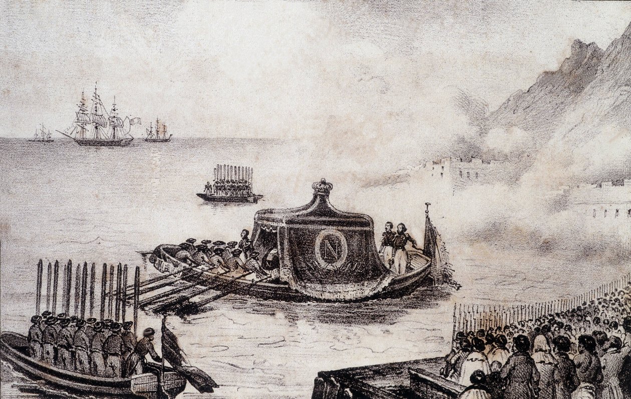 Begravelse av Napoleon I: St. Helenas avgang - tegning av Levilly, i "" Historisk maleri av Napoleons begravelse"" av M. St. Maurice, ca. 1851. av French School