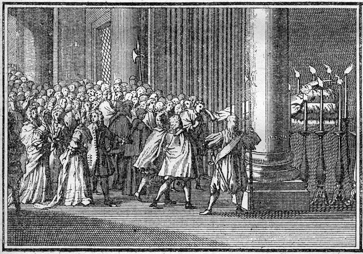 Begravelse av en pave på 1700-tallet: Pavens kropp stiller ut tre dager i St. Peter-kirken i Roma. Gravering i "Histoire des religions"". av French School