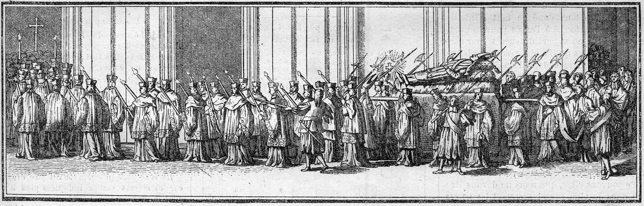 Begravelse av en pave på 1700-tallet: Pavens kropp bæres til St. Peter-kirken i Roma. Gravering i "Histoire des religions"". av French School