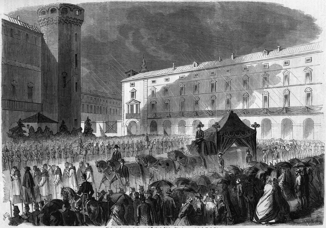 Begravelse til greven av Cavour, Torino, 7. juni 1861: begravelsesprosesjon som bærer kisten til Camillo Benso, grev av Cavour (1810–1861), italiensk politiker. Gravering i "" Le Monde Illustré"" nr. 219 av 22. juni 1861. av French School