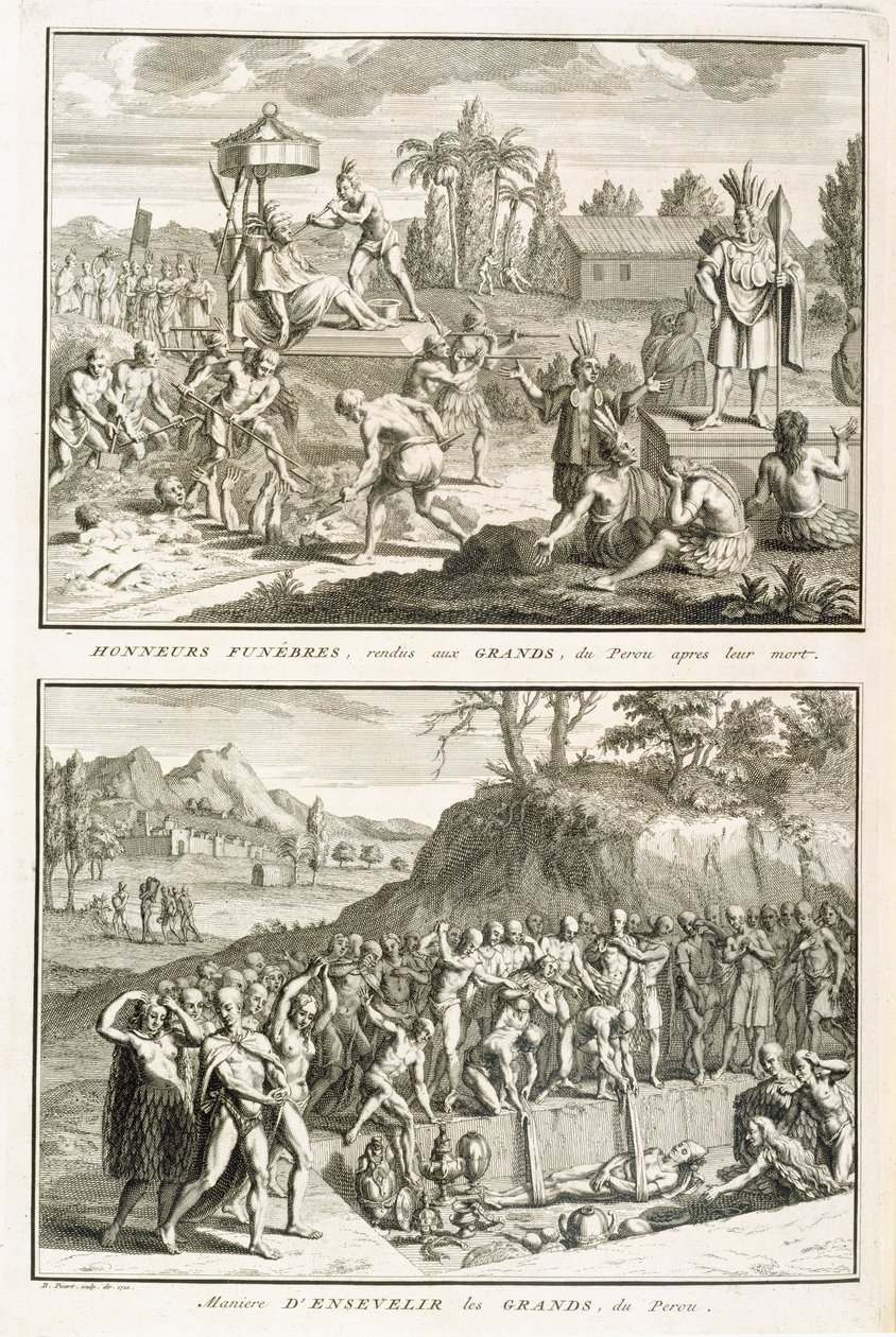 Begravelsesritualer og måten å gravlegge herrer etter deres død, i Peru, illustrasjon fra religiøse seremonier og skikker, gravert av Bernard Picart (1673-1733) 1722 av French School