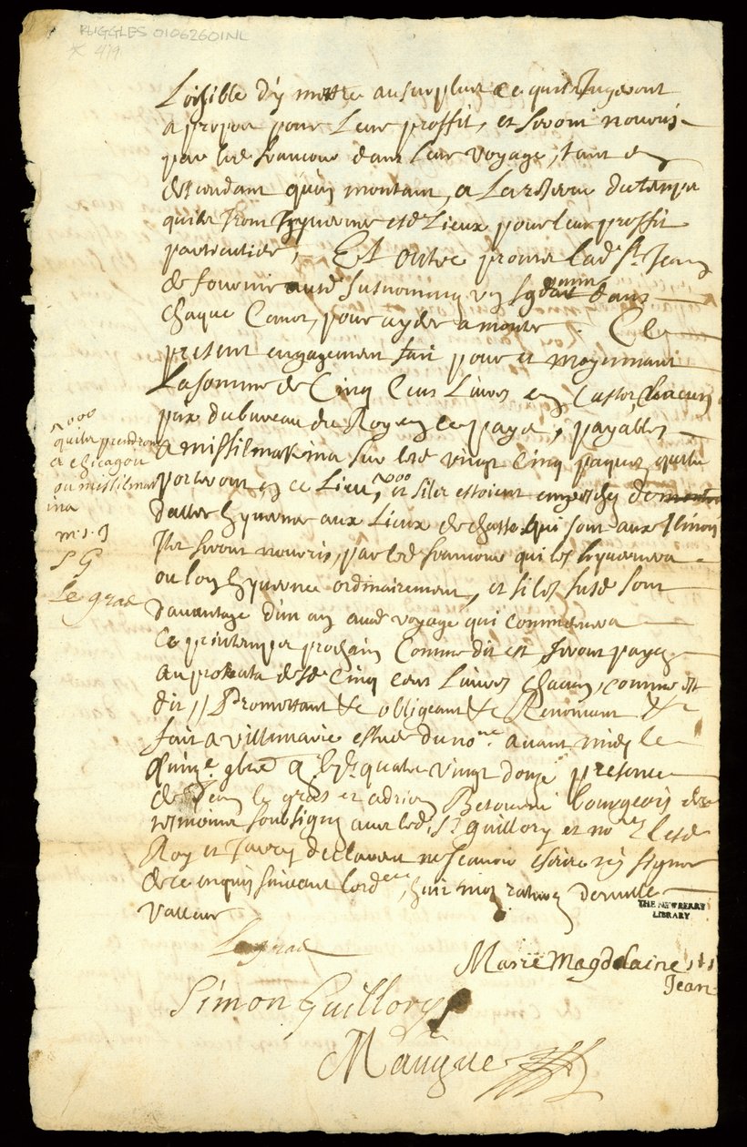 Pelshandelskontrakt mellom Francois Francoeur og fire voyagører for transport av varer og kjøp av beverpelt i Michilimackinac og Chicago, 1692 (se også 332318) av French School