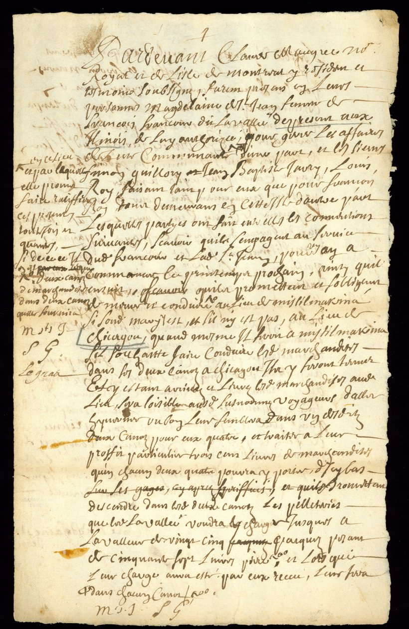 Pelshandelskontrakt mellom Francois Francoeur og fire reisende for transport av varer og kjøp av beverpels i Michilimackinac og Chicago, 1692 (se også 332317) av French School