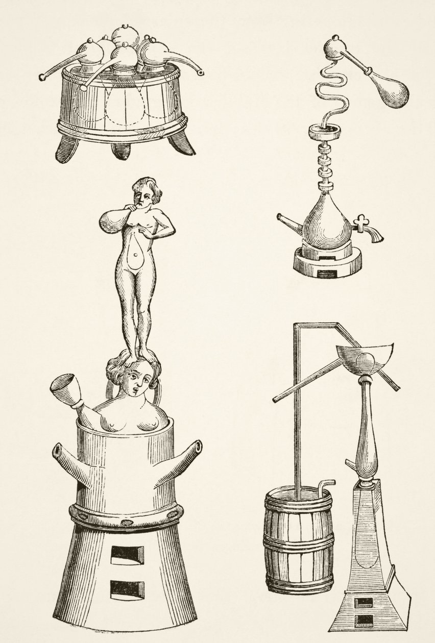 Ovn, replikker, destillasjonsapparater og destillasjonsapparater brukt av kjemikere og alkymister på 1500-tallet, fra Science and Literature in the Middle Ages av Paul Lacroix (1806-84) publisert London 1878 (l av French School