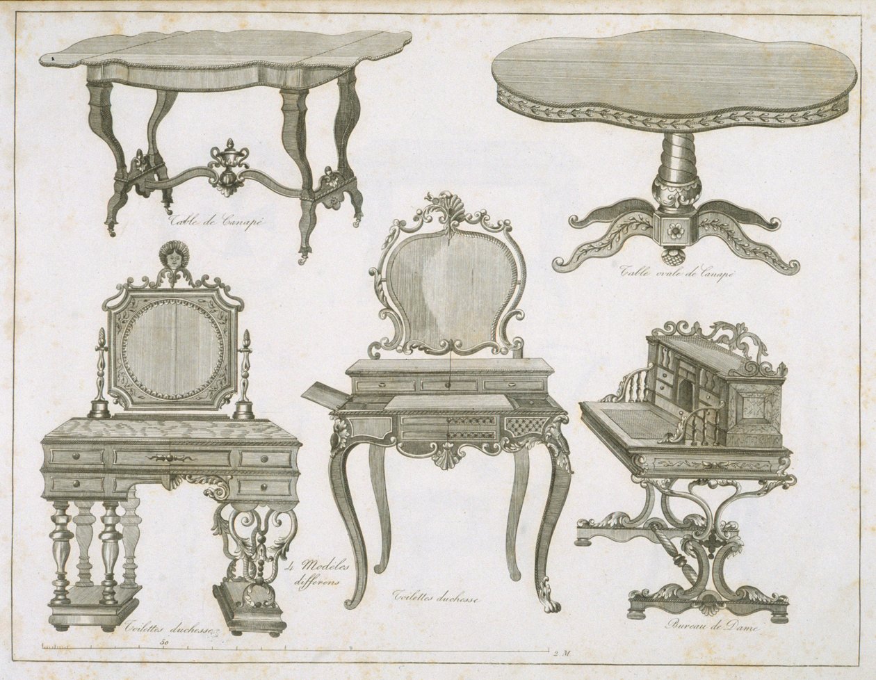 Møbeldesign av Lefevre-Chauveaux, fra Album Dessins de Meubles, svart og hvit gravering av French School